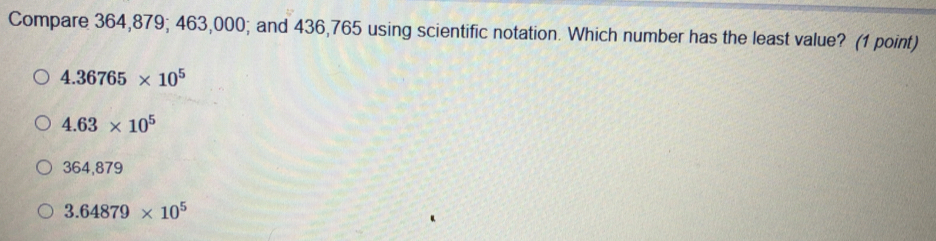 Compare 364,879; 463,000; and 436,765 using scientific notation. Which number has the least value? (1 point)
4.36765* 10^5
4.63* 10^5
364,879
3.64879* 10^5