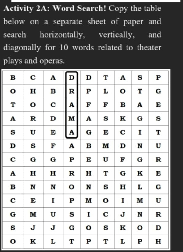 Activity 2A: Word Search! Copy the table 
below on a separate sheet of paper and 
search horizontally, vertically, and 
diagonally for 10 words related to theater 
plays and operas.