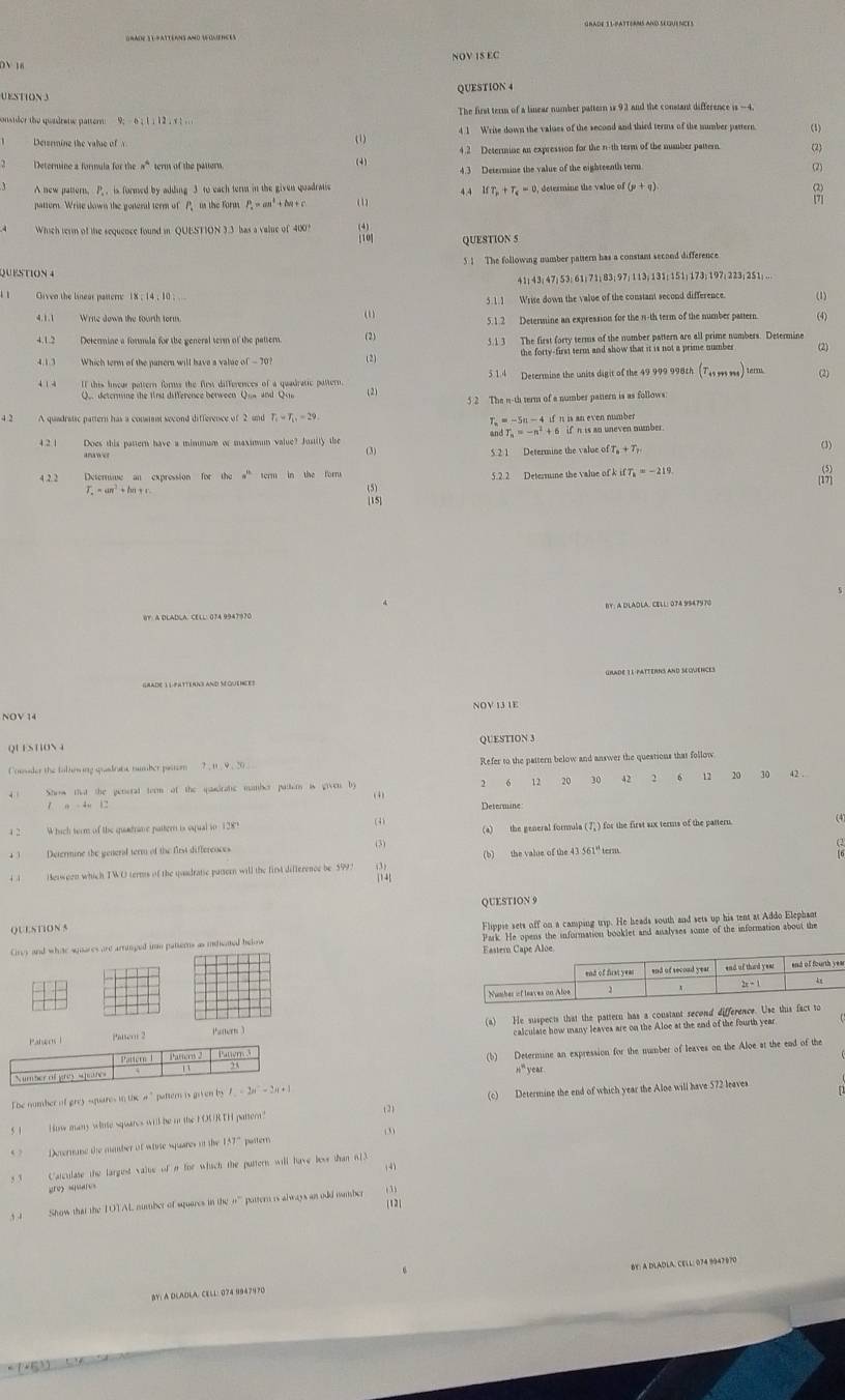 NOV 1S EC
STON QUESTION 4
The first term of a linear number pattern is 93 and the constant difference is -4
onstder the quadrete patter 9.
4 1 Wrise down the values of the second and third terms of the mumber pattern (1)
Deirmine the v li  
4.2 Determine an expression for the n-th term of the number pattern. (2)
(1) (2)
Determine a formula for the term of the pattern. (4)
A new pattern. P. . is formed by adding 3 to each term in the given quadratie 4.4 IfT_o+T_s=0, determin ethevalueof(p+q)
pattern. Wrise dows the goneral term of P is the form P_2=an^2+bn+ (1)
Which term of the sequence found in QUESTION 3.3 bas a value of 400? beginarrayr 4) 100endarray QUESTION 5
5 1 The following number pattern has a constant second difference
7   1 ; 1 3 1 ; 151; 173; 197; 223 ; 251 ; ...
Given the linear pattern
5.1.1 Write down the value of the constant second difference. (1)
(
4.1.1 Write down the fourth term. 5. 1.2 Determine an expression for the n-th term of the number pattern (4)
4.1.2 Determine a formula for the general term of the pattern. (2) 5.1. 3 The first forty terms of the number pattern are all prime numbers. Determine
4.1.3 Which term of the pansern will have a value of - 70 (2) the forty-first term and show that it is not a prime number. (2)
5 1.4 Determine the units digit of the 49 999 998th (T_45mm)^tem (2)
4 1 4 If this liseur pattern forms the first differences of a quadratic pattern. (2)
Qu determine the frt difference between Qua and Quu
5 2 The n-th term of a number pattern is as follows
T_1=T_11=29
T。 =-5n-4ift
T_n=-n^2+6 if n is an uneven number 
4.2.1 Does this pattern have a mimmum or maximun value? Justity the (3)
5 2 1 Determine the value ofT_a+T_r
(3)
4 2 2 n^(th) e form 5.2.2 Detersune the value ofkifT_k=-219
T_n=an^2+bn+c.
(5)

[15]
BY: A DLADLA. CELL: 074 9947970 RY; a DLAOLA, CELL: 074 9547970
GradE 3E PATTERNS AND SEQWENCES
NOV 14 NOV 13 1E
QL ESTION A QUESTION 3
Consder the tollsing quadrate number pastor 7, 1 .9 .20 Refer to the pattern below and answer the questions that follow
4 1 Show that the generat ferm of the qaadrate mamber pater is given by 12 20 30 A2 2 12 20 30 42 .
( 4)
Determine
2 Which term of the quadrame paiter is squal to 128 (4) (a) the general formula (72 ) for the first six terms of the pasteru (4)
(3)
+ 3 Determine the general term of the first differences
4 4 Hesweon which IWO terms of the quadratse puttern will the first difference be 599? (3 ) (b) the value of the 43 561" term.
11 4
QUESTION 9
QUESTION 5
Flippie sets off on a camping tip. He heads south and sets up his tent at Addo Elephan
Cres and white sares are arrimped im patters as indicated helow Park. He opens the information booklet and analyses some of the information about the
(a) He suspects that the pattern has a constant second difference. Use this fact to
calculate how many leaves are on the Aloe at the end of the fourth year
(b) Determine an expression for the number of leaves on the Aloe at the end of the
(c) Determine the end of which year the Aloe will have 572 leaves
The number of grey squares in the a " pattern is given by I=2u^--2u(+1 H” year
(2)
5 1 How many whate squares will be in the FOUR TH pattern 
‘ ? Determane the mamber of whise squares of the `` pusterr .
(4)
, , Casculase the largest value of a for which the puttern will have lowr than 613
gre) =sare
a 
, , Show that the TOTAL number of squares in the '' puttern is always an odd mumber [12]
BY: A DLADLA, CELL: 074 9947970 BE: A DLADLA, CELL: 074 9947970