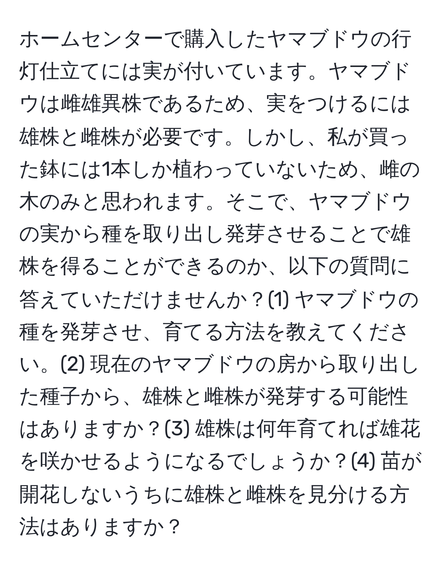 ホームセンターで購入したヤマブドウの行灯仕立てには実が付いています。ヤマブドウは雌雄異株であるため、実をつけるには雄株と雌株が必要です。しかし、私が買った鉢には1本しか植わっていないため、雌の木のみと思われます。そこで、ヤマブドウの実から種を取り出し発芽させることで雄株を得ることができるのか、以下の質問に答えていただけませんか？(1) ヤマブドウの種を発芽させ、育てる方法を教えてください。(2) 現在のヤマブドウの房から取り出した種子から、雄株と雌株が発芽する可能性はありますか？(3) 雄株は何年育てれば雄花を咲かせるようになるでしょうか？(4) 苗が開花しないうちに雄株と雌株を見分ける方法はありますか？