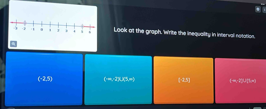 Look at the graph. Write the inequality in interval notation.
Q
(-2,5)
(-∈fty ,-2)∪ (5,∈fty )
[-2,5]
(-∈fty ,-2]∪ [5,∈fty )