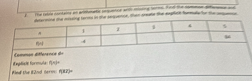 The table contains an arithmetic sequence with mising sene. find the commen attnee a
the sequence, then create the explict fommale for the sequence
Common difference d=
Explicit formula: f(n)^circ 
Find the 82nd term: f(82)=