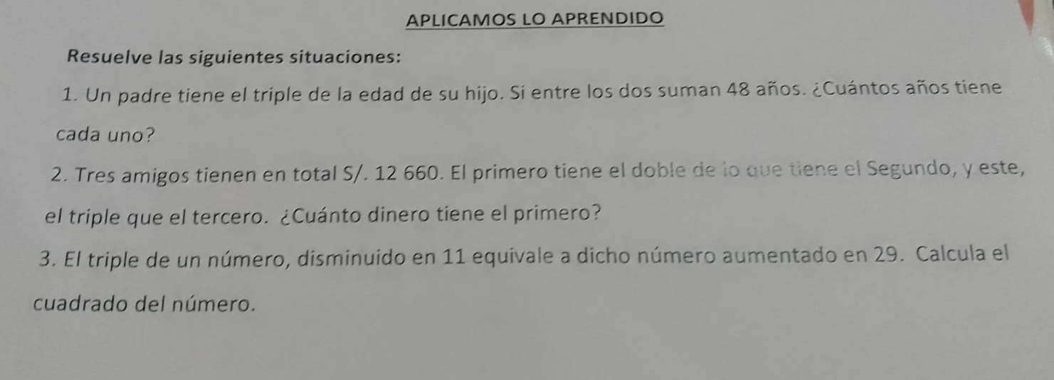 Resuelto:APLICAMOS LO APRENDIDO Resuelve las siguientes situaciones: 1 ...