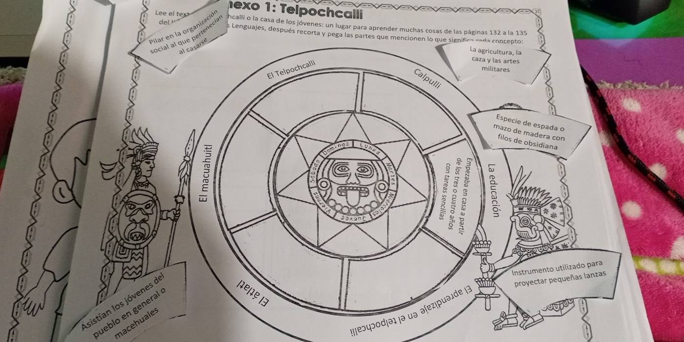 exo 1: Telpochcalli
Lee el tex

Pganizació hcalli o la casa de los jóvenes: un lugar para aprender muchas cosas de las páginas 132 a la 135
s Lenguajes, d
social al que pertenecía
sistían los jóvenes 
!|ʃeɔyɔ
bueblo en general
macehuales