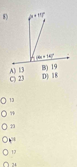 A) 13 B) 19
C) 23 D) 18
13
19
23
18
17
24