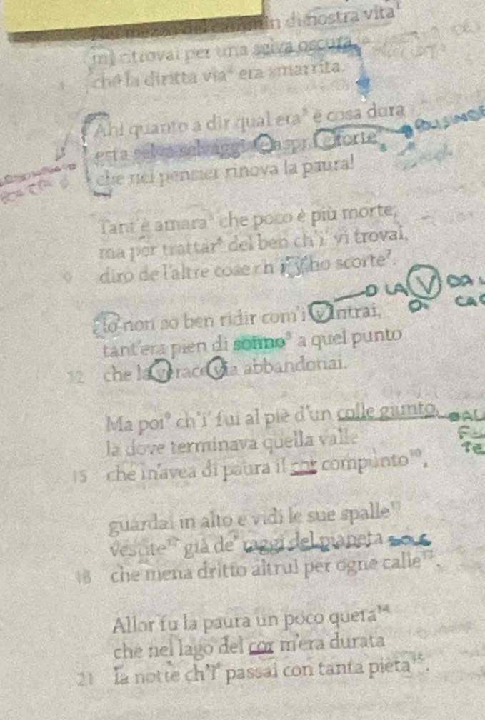 In di mostra vita' 
mt citroval per una selva oscura e 
che la diritta viaª era smarrita. 
Ahi quanto a dir qual era" é cosa dura 
Busing 
esta sélva nelvággi Cnspr ielorie 
che nel pensier rinova la paural 
Đ a 
Tant'è amara' che poco è più morte, 
ma por trattár* del ben ch'i' vi trovai, 
diro de l'altre cose rn iyho scorte". 
oLA Vo 
lo non so ben ridir com' v ntrai, O a 
tant'era pien di sonmo" a quel punto 
12 che la verace via abbandonai. 
Ma poi° ch'i' fui al piè d'un colle giunto, BAL 
là dove terminava quella valle fo 
5 che inavea di paura il cor compunto, 
guardai in alto e vidi le sue spalle" 
Vestite'' giá de' raggi del pianeta n ou 
che mena dritto áltrul per ogne calle”. 
Allor fu la paura un poco queta' 
che nel lago del cor mera durata 
21 la notte ch'l passai con tanta pièta'.