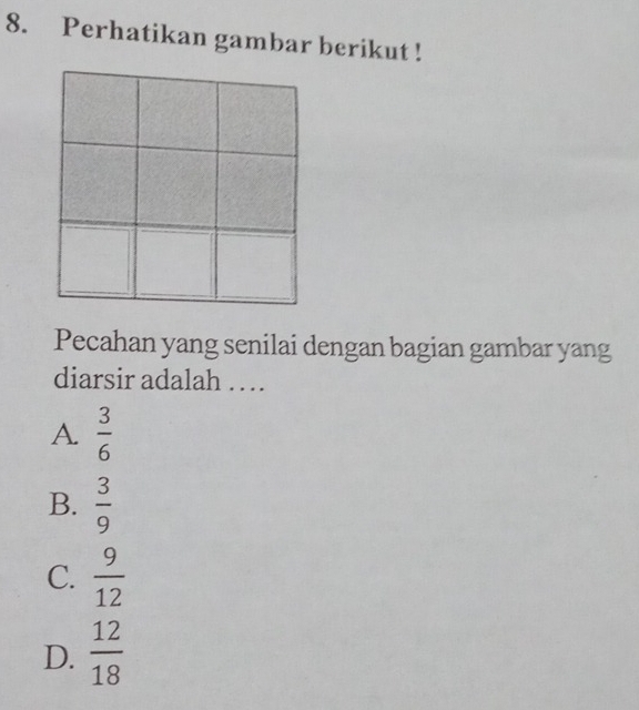 Perhatikan gambar berikut !
Pecahan yang senilai dengan bagian gambar yang
diarsir adalah …
A.  3/6 
B.  3/9 
C.  9/12 
D.  12/18 