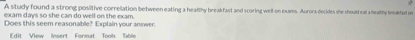 A study found a strong positive correlation between eating a healthy breakfast and scoring well on exams. Aurora decides she should eat a healthy breakfast on 
exam days so she can do well on the exam. 
Does this seem reasonable? Explain your answer. 
Edit View Insert Format Tools Table