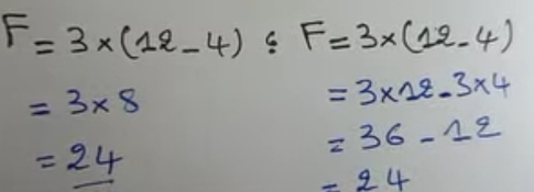 F=3* (12-4):F=3* (12-4)
=3* 8
=3* 12-3* 4
=36-12
=24
-24