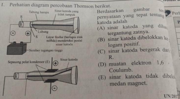 Perhatian diagram percobaan Thomson berikut.
Berdasarkan gambar ter Perh
pernyataan yang tepat tentang
katoda adalah P
(A) sinar katoda yang diha
tergantung zatnya.
(B) sinar katoda dibelokkan ke
logam positif.
(C) sinar katoda bergerak dari
R.
(D) muatan elektron 1, 6
Coulumb.
(E) sinar katoda tidak dibelo
medan magnet.
UN/201