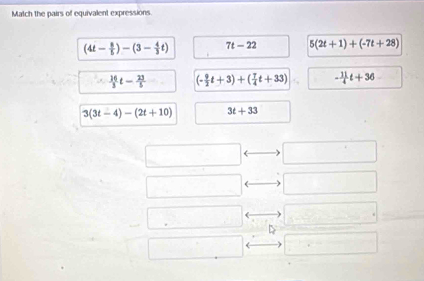 Match the pairs of equivalent expressions.