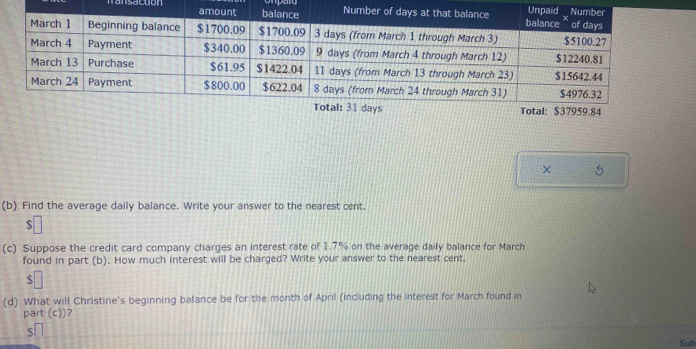 Transactón 
5 
(b) Find the average daily balance. Write your answer to the nearest cent.
$
(c) Suppose the credit card company charges an interest rate of 1.7% on the average daily balance for March 
found in part (b). How much interest will be charged? Write your answer to the nearest cent. 
(d) What will Christine's beginning balance be for the month of April (including the interest for March found in 
part (c))?
$
Sub