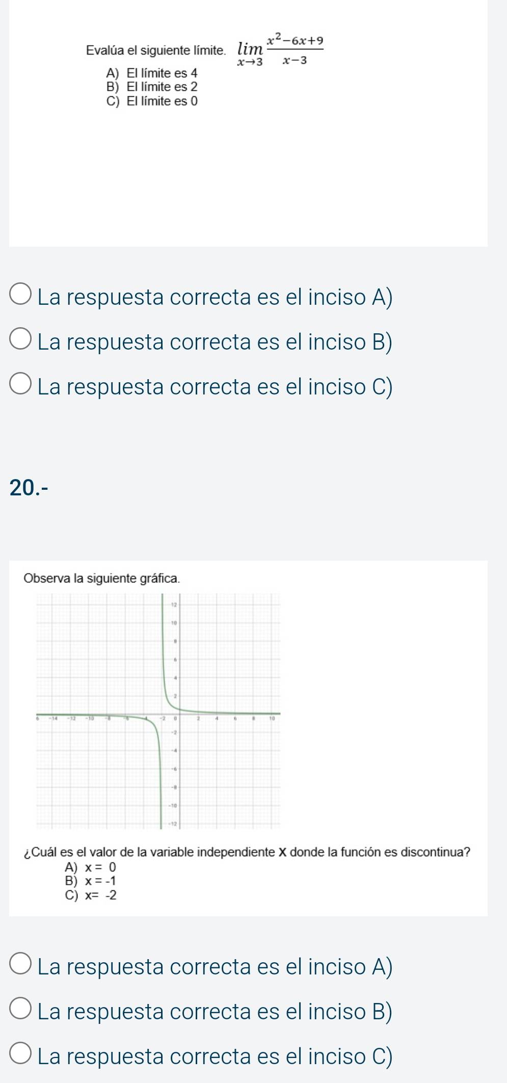 Evalúa el siguiente límite. limlimits _xto 3 (x^2-6x+9)/x-3 
A) El límite es 4
B) El límite es 2
C) El límite es 0
La respuesta correcta es el inciso A)
La respuesta correcta es el inciso B)
La respuesta correcta es el inciso C)
20.-
Observa la siguiente gráfica.
¿Cuál es el valor de la variable independiente X donde la función es discontinua?
x=0
x=-1
C) x=-2
La respuesta correcta es el inciso A)
La respuesta correcta es el inciso B)
La respuesta correcta es el inciso C)