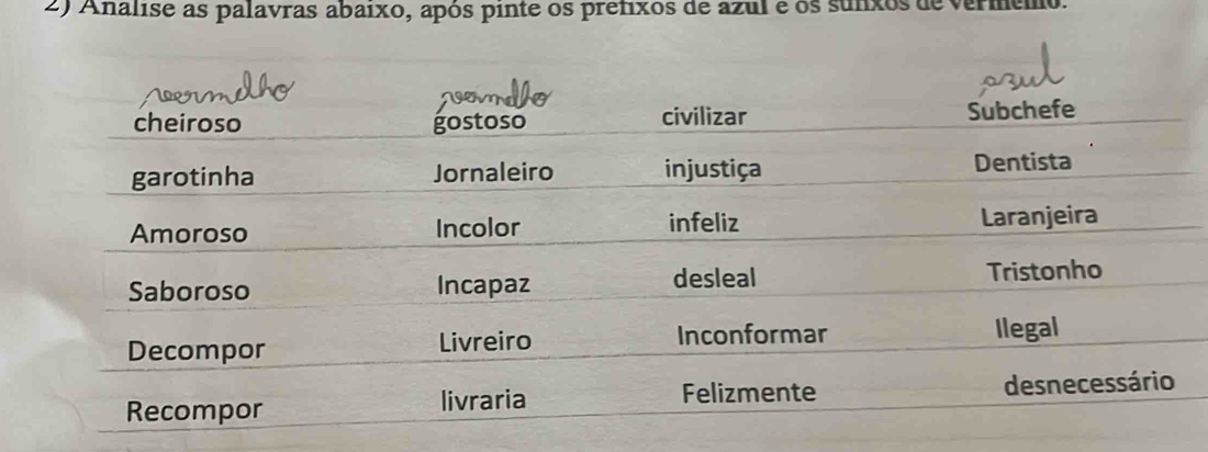 Analise as palavras abaixo, após pinte os prefixos de azul e os sunxos de vermemo. 
cheiroso gostoso civilizar Subchefe 
garotinha Jornaleiro injustiça Dentista 
Amoroso Incolor infeliz Laranjeira 
Saboroso Incapaz desleal Tristonho 
Decompor Livreiro Inconformar Ilegal 
Recompor livraria Felizmente desnecessário