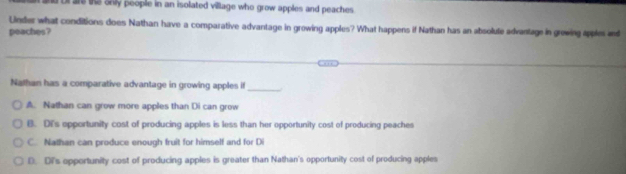 Ur are os only people in an isolated village who grow apples and peaches 
Uinder what conditions does Nathan have a comparative advantage in growing apples? What happens if Nathan has an absolute advantage in grewing apples and
peaches?
Nathan has a comparative advantage in growing apples if
_
A. Nathan can grow more apples than Di can grow
B. DI's opportunity cost of producing apples is less than her opportunity cost of producing peaches
C. Nathan can produce enough fruit for himself and for Di
D. Di's opportunity cost of producing apples is greater than Nathan's opportunity cost of producing apples