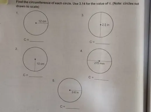 Solved: Find the circumference of each circle. Use 3.14 for the value ...