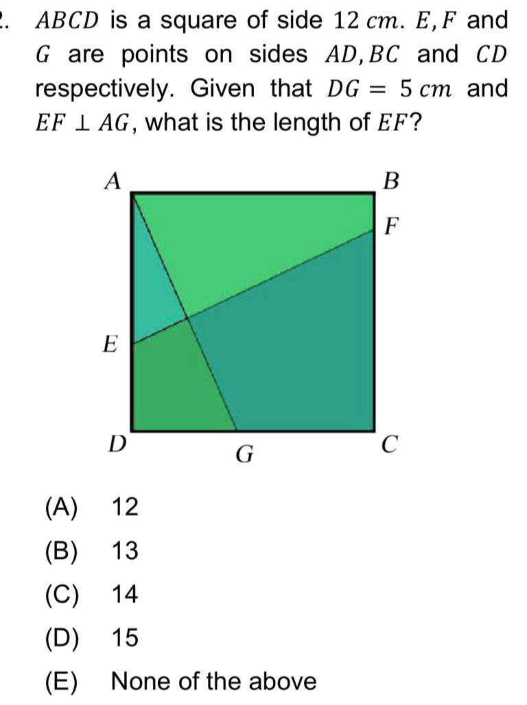 Solved: ABCD is a square of side 12 cm. E, F and G are points on sides ...