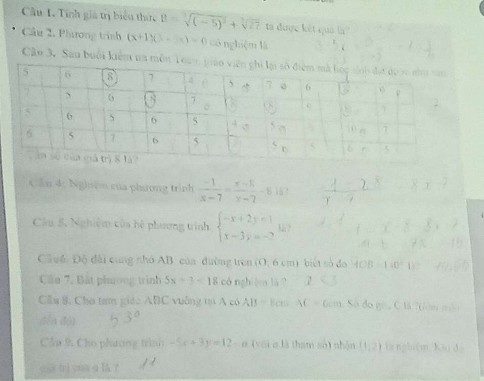 Tính giả trị biểu thức B=sqrt[3]((-5)^2)+sqrt[3](27) ta được kết qua l 
Câu 2, Phưương trình (x+1)(3-5x)=0 có nghiệm là
Câu 3. Sau buổi kiểm ua mô
Cầu 4: Nghiệm của phương trình  (-1)/x-7 = (x-8)/x-7 -8 1å ? x^1
Câu 5 Nghiệm của hệ phương trình beginarrayl -x+2y=1 x-3y=-2endarray. 1?
-f_x
Câuố, Độ đài cùng nhỏ AB của đường trên (O; 6 cm) biết số đo AOB=140° 1
Câu 7, Bất phương trình 5x+3=18 có nghiệm là? 1
Cău 8, Cho tam giáo ABC vuởng tại A có AB = 8cm AC = 6cm. Số đo gê , C là 2(êm mên
đến độ) 3°
Cầp 9 Cho phương trình -5x+3y=12-a (với g là tham số) nhận (1,2) là nghiệm h(h) d
già trì cua o là ?