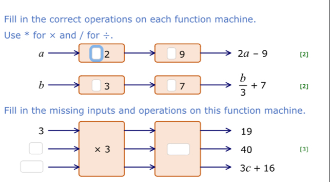 Fill in the correct operations on each function machine.
Use * for × and / for ÷.
2
□ 9 2a-9
a [2]
b
 ... 7  b/3 +7
3 [2]
Fill in the missing inputs and operations on this function machine.
[3]