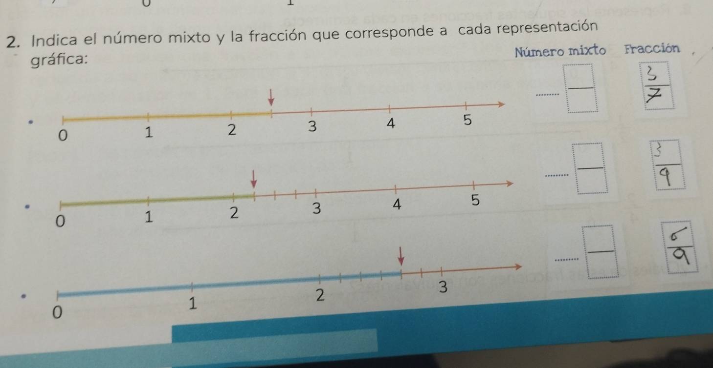 1 
2. Indica el número mixto y la fracción que corresponde a cada representación 
gráfica: Número mixto Fracción 
-frac 4 
□ 
6
9