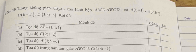 Câu 15.Trong không gian Oxyz , cho hình hộp ABCD.A'B'C'D' có A(1;0;1),B(2;1;2),
D(1;-1;1),D'(3;4;-6). Khi đó: