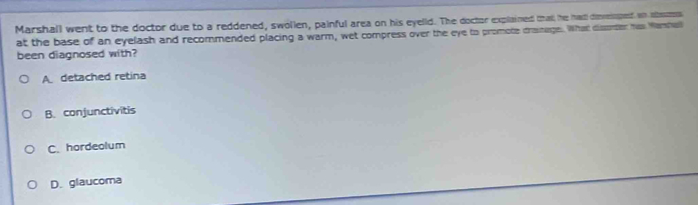 Marshall went to the doctor due to a reddened, swollen, painful area on his eyelld. The doctor explaimed that he had dsveioped in obesrr
at the base of an eyelash and recommended placing a warm, wet compress over the eye to promote draiage. What disortor his Mambell
been diagnosed with?
A detached retina
B. conjunctivitis
C. hordeolum
D. glaucoma