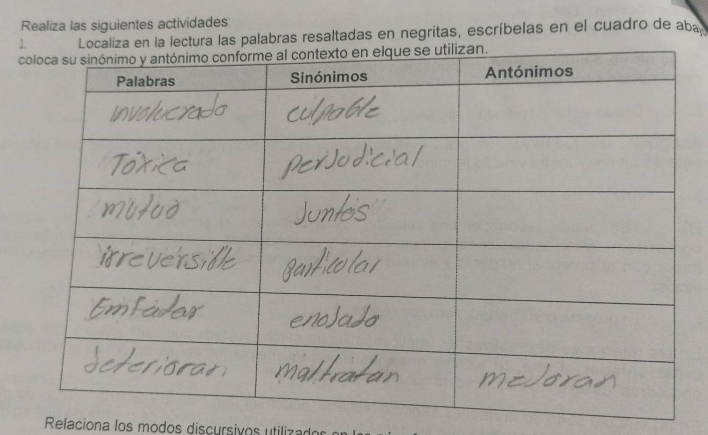 Realiza las siguientes actividades 
1s palabras resaltadas en negritas, escríbelas en el cuadro de abaj 
Relaciona los modos discursivos utiliza d