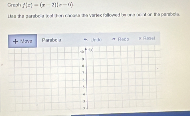 Graph f(x)=(x-2)(x-6)
Use the parabola tool then choose the vertex followed by one point on the parabola.