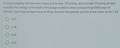 Solved: A barge weighing 350 kN when empty is 6 m wide, 15 m long, and ...