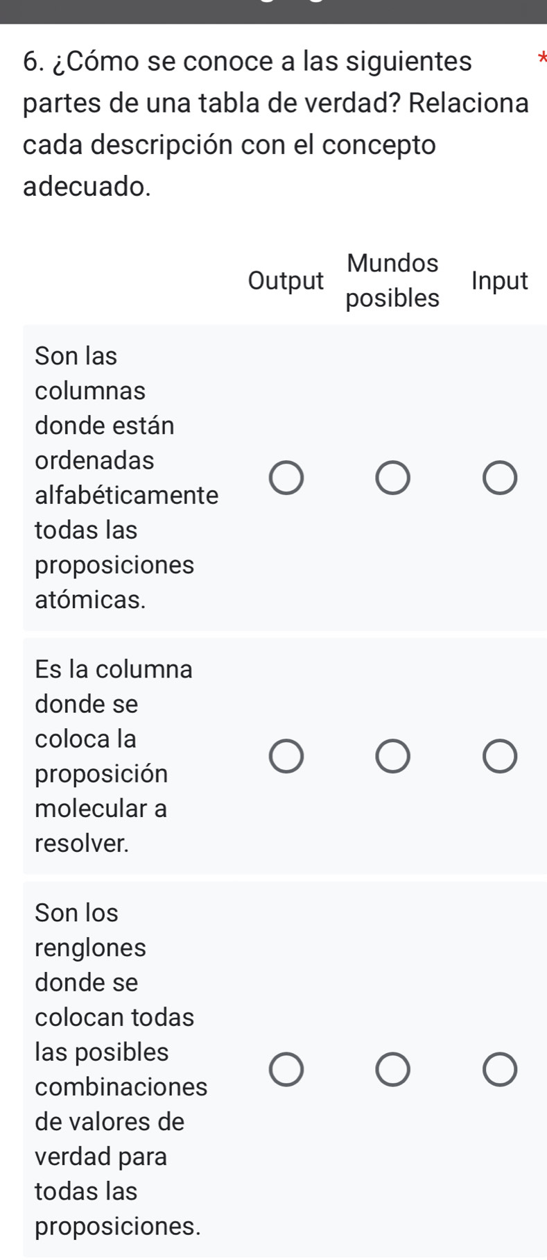 ¿Cómo se conoce a las siguientes
partes de una tabla de verdad? Relaciona
cada descripción con el concepto
adecuado.
Mundos
Output posibles
Input
Son las
columnas
donde están
ordenadas
alfabéticamente
todas las
proposiciones
atómicas.
Es la columna
donde se
coloca la
proposición
molecular a
resolver.
Son los
renglones
donde se
colocan todas
las posibles
combinaciones
de valores de
verdad para
todas las
proposiciones.