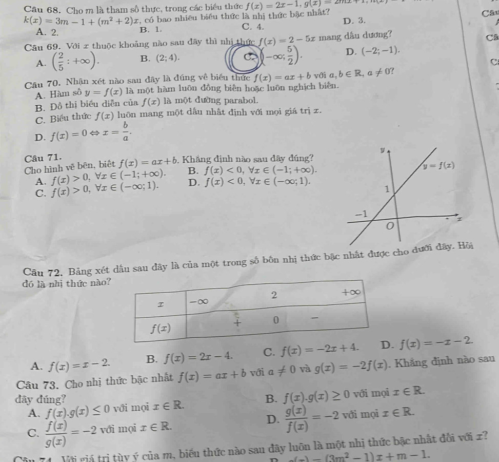 Cho m là tham số thực, trong các biểu thức f(x)=2x-1,g(x)=2mx+1
k(x)=3m-1+(m^2+2)x , có bao nhiều biểu thức là nhị thức bậc nhất.  Câu
A. 2. B. 1. C. 4. D. 3.

Câu 69. Với x thuộc khoảng nào sau đây thì nhị thức f(x)=2-5x mang dẫu dương?
Cã
A. ( 2/5 :+∈fty ). B. (2;4).
C (-∈fty ; 5/2 ). D. (-2;-1).
C
Câu 70. Nhận xét nào sau đãy là đúng về biểu thức f(x)=ax+b với a,b∈ R,a!= 0 ?
A. Hàm số y=f(x) là một hàm luôn đồng biên hoặc luôn nghịch biến.
B. Đồ thị biểu diễn của f(x) là một đường parabol.
C. Biểu thức f(x) luôn mang một dấu nhất định với mọi giá trị z.
D. f(x)=0 x= b/a .
Câu 71.
Cho hình vẽ bên, biết f(x)=ax+b. Khắng định nào sau đây đúng?
A. f(x)>0,forall x∈ (-1;+∈fty ). B. f(x)<0,forall x∈ (-1;+∈fty ).
C. f(x)>0,forall x∈ (-∈fty ;1). D. f(x)<0,forall x∈ (-∈fty ;1).
Câu 72, Bảng xét dầu sau đây là của một trong số bốn nhị thức bậc nhất được cho d
đó là nhị thức nào?
A. f(x)=x-2. B. f(x)=2x-4. C. f(x)=-2x+4. . f(x)=-x-2.
Câu 73. Cho nhị thức bậc nhất f(x)=ax+b với a!= 0 và g(x)=-2f(x). Khắng định nào sau
đây đúng? B. f(x).g(x)≥ 0 với mọi x∈ R.
A. f(x).g(x)≤ 0 với mọi x∈ R.
D.
C.  f(x)/g(x) =-2 với mọi x∈ R.  g(x)/f(x) =-2 với mọi x∈ R.
Vận 74. Với giá trị tùy ý của m, biểu thức nào sau đây luôn là một nhị thức bậc nhất đối với x?
_ c-)-(3m^2-1)x+m-1.