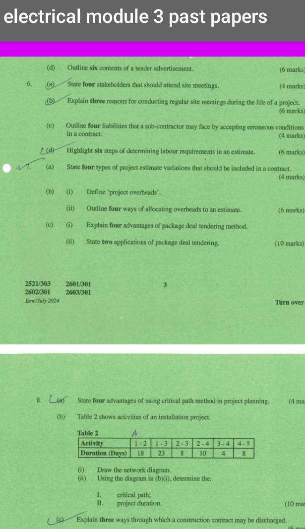 electrical module 3 past papers 
(d) Outline six contents of a tender advertisement. (6 marks) 
6. (a) State four stakeholders that should attend site meetings. (4 marks) 
(b) Explain three reasons for conducting regular site meetings during the life of a project. 
(6 marks) 
(c) Outline four liabilities that a sub-contractor may face by accepting erroneous conditions 
in a contract. (4 marks) 
__(d) Highlight six steps of determining labour requirements in an estimate. (6 marks) 
a 7. (a) State four types of project estimate variations that should be included in a contract. 
(4 marks) 
(b) (i) Define ‘project overheads'. 
(ii) Outline four ways of allocating overheads to an estimate. (6 marks) 
(c) (i) Explain four advantages of package deal tendering method. 
(ii) State two applications of package deal tendering. (10 marks)
2521/303 2601/301 3
2602/301 2603/301
June/July 2024 Turn over 
8. (a) State four advantages of using critical path method in project planning. (4 ma 
(b) Table 2 shows activities of an installation project. 
(i) Draw the network diagram. 
(ii) Using the diagram in (b)(i) , determine the: 
I. critical path; 
II. project duration. (10 ma 
(c) Explain three ways through which a construction contract may be discharged.