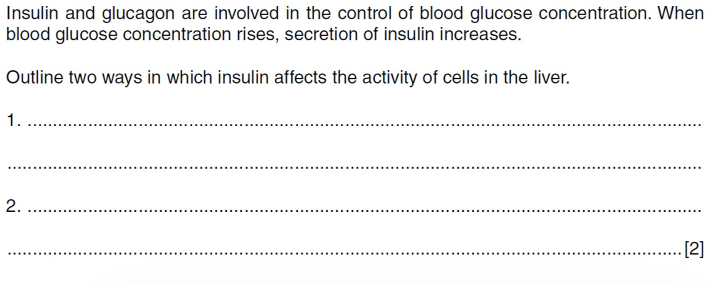 Insulin and glucagon are involved in the control of blood glucose concentration. When 
blood glucose concentration rises, secretion of insulin increases. 
Outline two ways in which insulin affects the activity of cells in the liver. 
1._ 
_ 
2._ 
_[2]