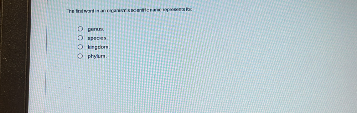 The first word in an organism's scientific name represents its:
genus.
species.
kingdom.
phylum.