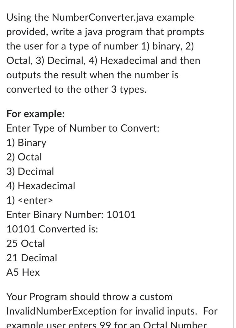 Solved: Using the NumberConverter.java example provided, write a java ...