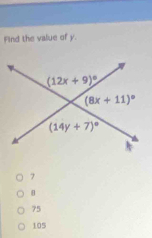 Find the value of y.
7
B
75
105