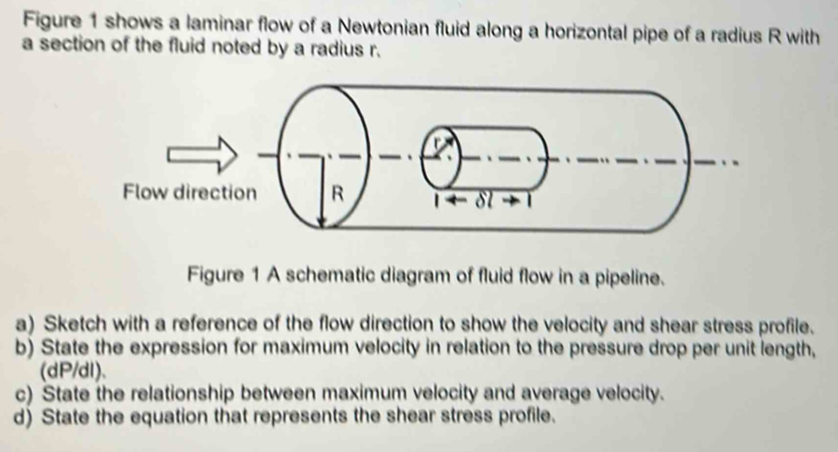 Figure 1 shows a laminar flow of a Newtonian fluid along a horizontal pipe of a radius R with 
a section of the fluid noted by a radius r. 
Figure 1 A schematic diagram of fluid flow in a pipeline. 
a) Sketch with a reference of the flow direction to show the velocity and shear stress profile. 
b) State the expression for maximum velocity in relation to the pressure drop per unit length, 
(dP/dl)、 
c) State the relationship between maximum velocity and average velocity. 
d) State the equation that represents the shear stress profile.