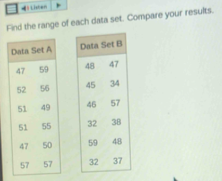 Listen 
Find the range of each data set. Compare your results.