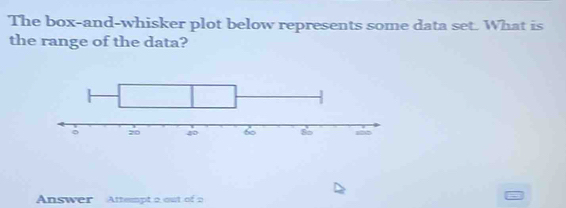 The box-and-whisker plot below represents some data set. What is 
the range of the data? 
Answer Attempt a out of a