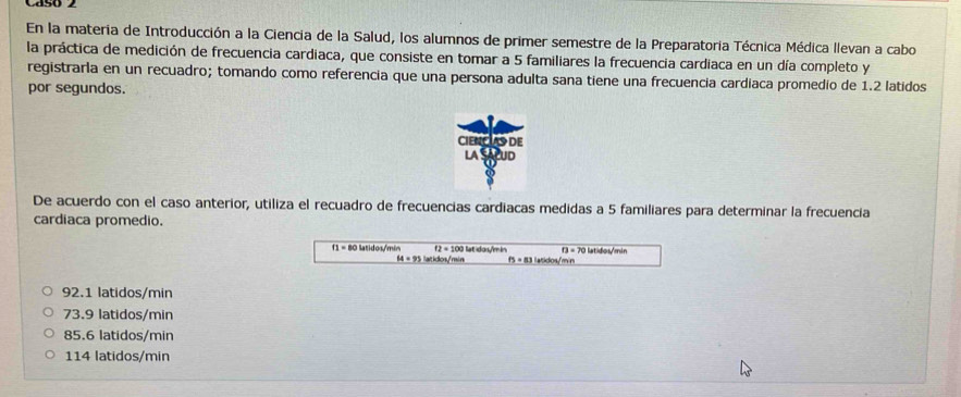 En la materia de Introducción a la Ciencia de la Salud, los alumnos de primer semestre de la Preparatoria Técnica Médica llevan a cabo
la práctica de medición de frecuencia cardiaca, que consiste en tomar a 5 familiares la frecuencia cardiaca en un día completo y
registrarla en un recuadro; tomando como referencia que una persona adulta sana tiene una frecuencia cardiaca promedio de 1.2 latidos
por segundos.
CIENCLA DE
LA
De acuerdo con el caso anterior, utiliza el recuadro de frecuencias cardiacas medidas a 5 familiares para determinar la frecuencia
cardiaca promedio.
100 lat dos/min overline f3=70
80 latidos/min lat kdon/min rs=8 3 l atidos/ m r latidosy'min
_ 14=95
92.1 latidos/min
73.9 latidos/min
85.6 latidos/min
114 latidos/min