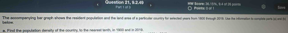 Question 21, 9.2.49 HW Score: 36.15%, 9.4 of 26 points 
Part 1 of 3 Points: 0 of 1 Save 
The accompanying bar graph shows the resident population and the land area of a particular country for selected years from 1800 through 2019. Use the information to complete parts (a) and (b) 
below. 
a. Find the population density of the country, to the nearest tenth, in 1900 and in 2019.