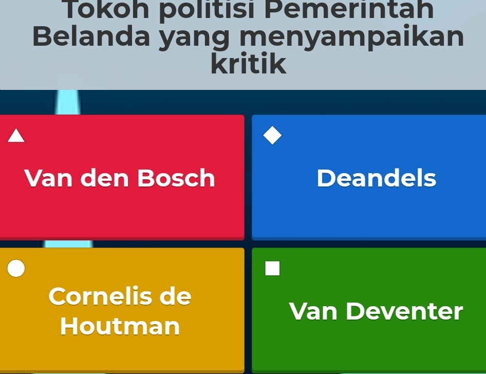 Tōkoh politisi Pemerintah
Belanda yang menyampaikan
kritik
Van den Bosch Deandels
Cornelis de
Van Deventer
Houtman