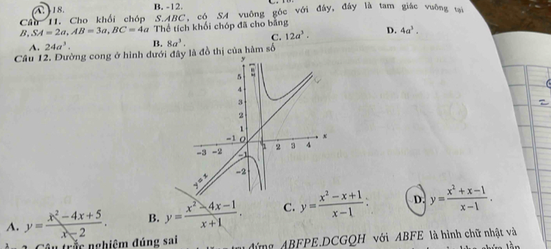 A. 18. B. -12.
Câu 11. Cho khối chóp S. ABC, có SA vuông góc với đây, đáy là tam giác vuông tạ
?. SA=2a, AB=3a, BC=4a Thể tích khối chóp đã cho bằng
C. 12a^3. D. 4a^3.
A. 24a^3. B. 8a^3. 
Câu 12. Đường cong ở hình dưới đâlà đồ thị của hàm số
A. y= (x^2-4x+5)/x-2 . B. y= (x^2-4x-1)/x+1 . C. y= (x^2-x+1)/x-1  : D y= (x^2+x-1)/x-1 . 
Câu trắc nghiệm đúng sai đứng ABFPE.DCGQH với ABFE là hình chữ nhật và