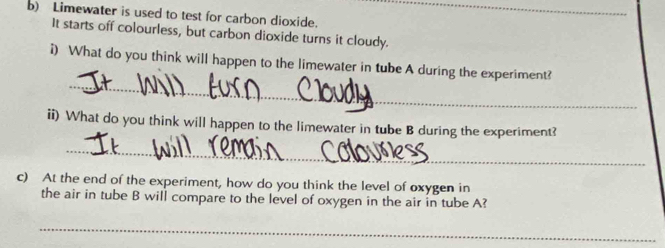 Limewater is used to test for carbon dioxide._ 
It starts off colourless, but carbon dioxide turns it cloudy. 
_ 
i) What do you think will happen to the limewater in tube A during the experiment? 
_ 
ii) What do you think will happen to the limewater in tube B during the experiment? 
c) At the end of the experiment, how do you think the level of oxygen in 
the air in tube B will compare to the level of oxygen in the air in tube A? 
_