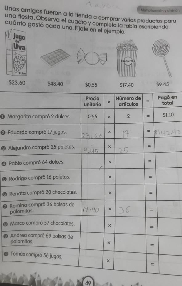 Multiplicación y división 
Unos amigos fueron a la tienda a comprar varios productos para 
una fiesta. Observa el cuadro y completa la tabla escribiendo 
cuánto gastó cada uno. Fíjate en el ejemplo. 
LOMITAS
$23.60 $48.40 $0.55 $17.40 $9.45
en 
l 
❶ M0 
2 
A 
P 
p
49