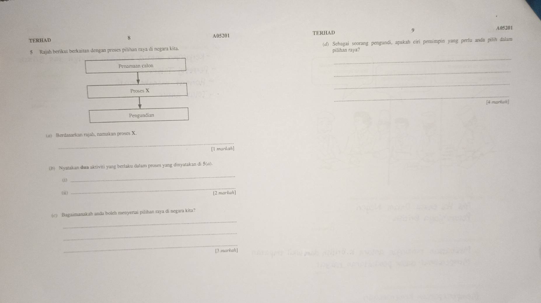 TERHAD 
9 
TERHAD A05201 
8
A05201
5 Rajah berikut berkaitan dengan proses pilihan raya di negara kita. (d) Sebagai seorang pengundi, apakah ciri pemimpin yang perlu anda pilih dalam 
pilihan raya? 
_ 
Penamaan calon 
_ 
_ 
Proses X
_ 
[4 markah] 
Pengundian 
(α) Berdasarkan rajah, namakan proses X. 
_ 
[1 markah] 
(#) Nyatakan dua aktiviti yang berlaku dalam proses yang dinyatakan di 5 (a). 
(i) 
_ 
_ 
(ii) [2 markah] 
(c) Bagaimanakah anda boleh menyertai pilihan raya di negara kita? 
_ 
_ 
_ 
[3 markah]