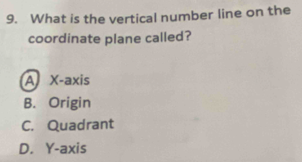 What is the vertical number line on the
coordinate plane called?
A X-axis
B. Origin
C. Quadrant
D. Y-axis