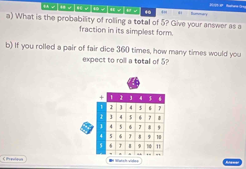 20,125 XP Rashane Gre 
6A 6B 6C 6D 6E 6F 6G GH 61 Summary 
a) What is the probability of rolling a total of 5? Give your answer as a 
fraction in its simplest form. 
b) If you rolled a pair of fair dice 360 times, how many times would you 
expect to roll a total of 5? 
+ 1 2 3 4 5 6
1 2 3 4 5 6 7
2 3 4 5 6 7 8
3 4 5 6 7 8 9
4 5 6 7 8 9 10
5 6 7 8 9 10 11 < Previous Watch video Answer