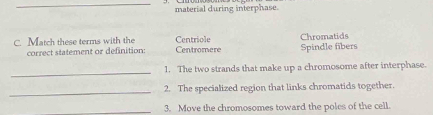 material during interphase
C. Match these terms with the Centriole Chromatids
correct statement or definition: Centromere Spindle fibers
_
1. The two strands that make up a chromosome after interphase.
_
2. The specialized region that links chromatids together.
_3. Move the chromosomes toward the poles of the cell.