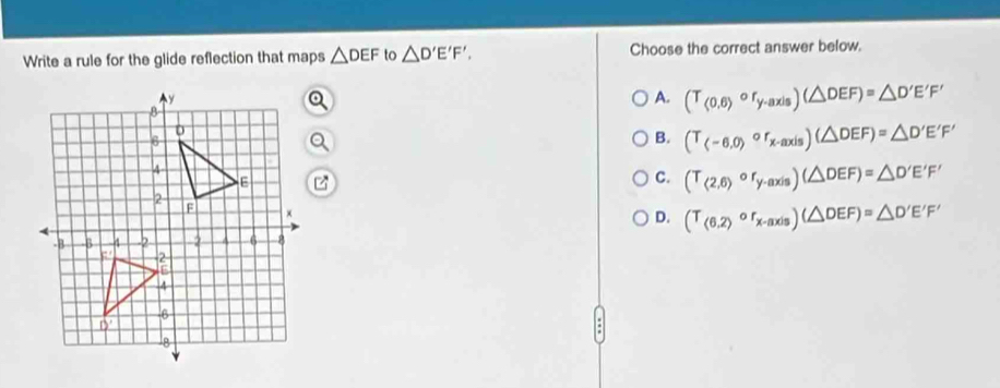 Write a rule for the glide reflection that maps △ DEF to △ D'E'F'. Choose the correct answer below.
A. (T_(0,6)circ r_y· axis)(△ DEF)=△ D'E'F'
B. (T_(-6,0)circ r_x-axis)(△ DEF)=△ D'E'F'
C. (T_(2,6)or_y-axis)(△ DEF)=△ D'E'F'
D. (T_(6,2)or_x-axis)(△ DEF)=△ D'E'F'